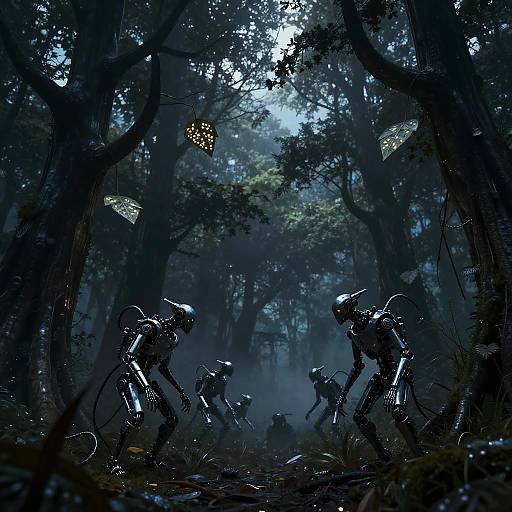 Digital art of three dark, alien creatures with sleek, metallic bodies and helmet-like heads, crouching in a dense, misty forest under moon