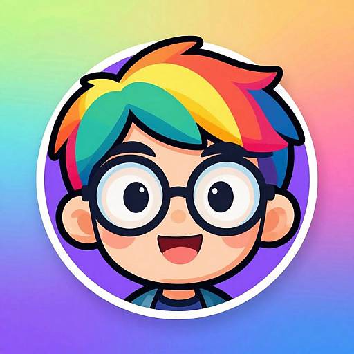 Digital cartoon of a cheerful boy with large round glasses, multicolored rainbow hair, and a wide smile, set against a gradient rainbow background.