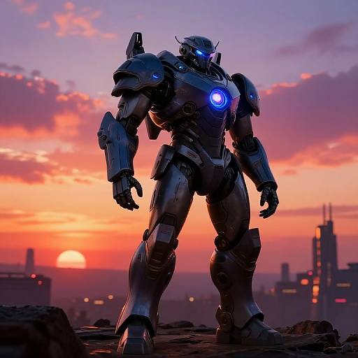 Digital artwork of a glowing blue-eyed, metallic, futuristic robot warrior standing on rocky terrain at sunset, with a cityscape and colorful orange-pink sky