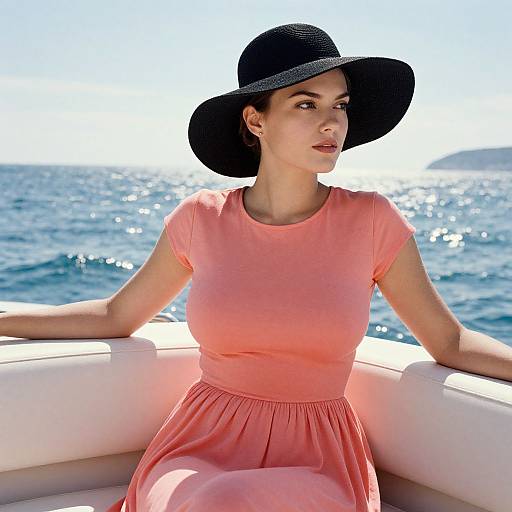Photograph of a fair-skinned woman with dark hair, wearing a black wide-brim hat and coral pink dress, seated on a white boat,