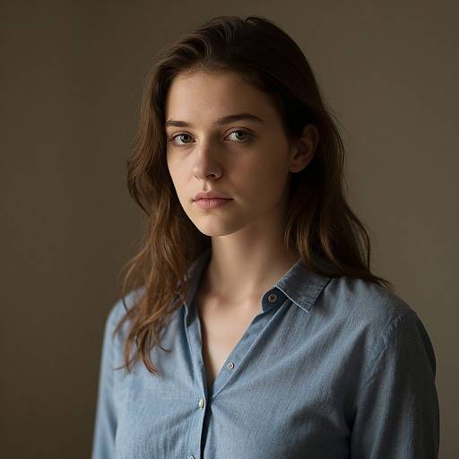 Photograph of a young woman with fair skin, brown wavy hair, and brown eyes, wearing a blue button-up shirt, looking contemplative against