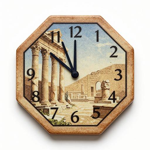 Octagonal clock with ancient Greek ruins background, featuring tall columns, blue sky, and black numbers on a textured, brown frame.