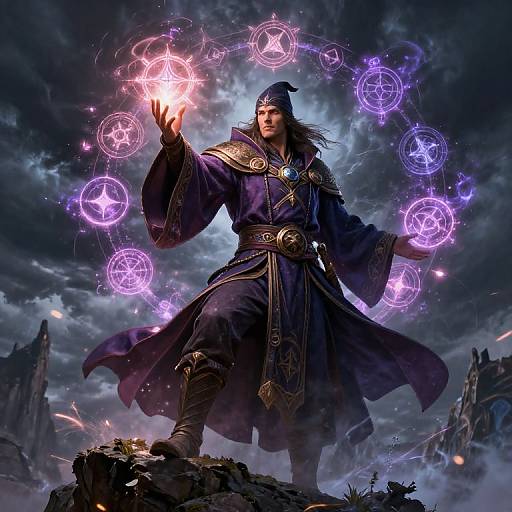 Digital artwork of a magical warrior in dark robes, casting glowing purple pentagrams, holding a bright orb of energy, under stormy skies.