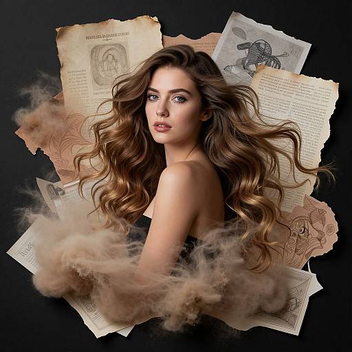 Digital portrait of a beautiful woman with long, wavy brown hair, surrounded by vintage papers and smoke, against a black background.