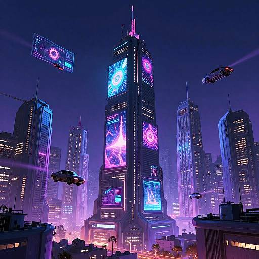 Neon-lit cyberpunk cityscape at night, featuring towering skyscrapers with vibrant digital advertisements, flying cars, and hovering drones against a dark