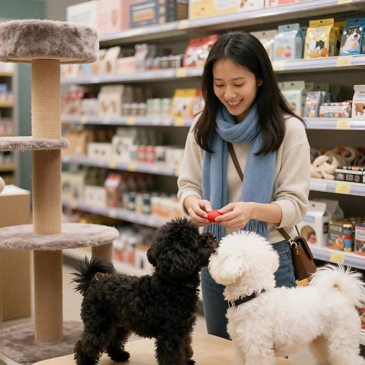 Woman playing with two small dogs in pet store