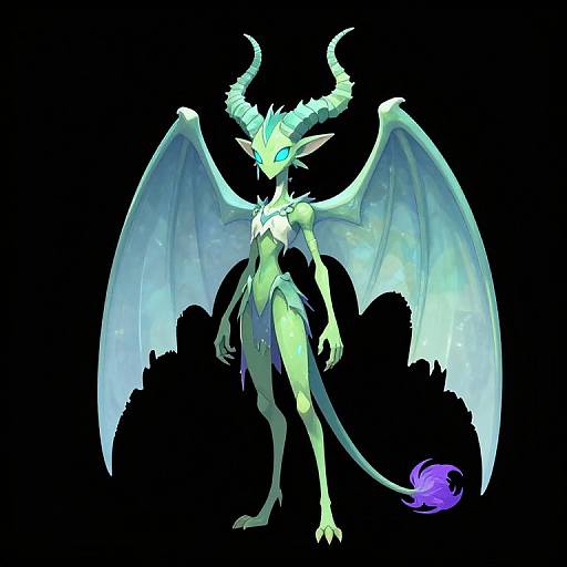 Digital drawing of a glowing, neon-green, anthropomorphic dragon with large, translucent wings, sharp horns, and a purple-tipped tail, set against