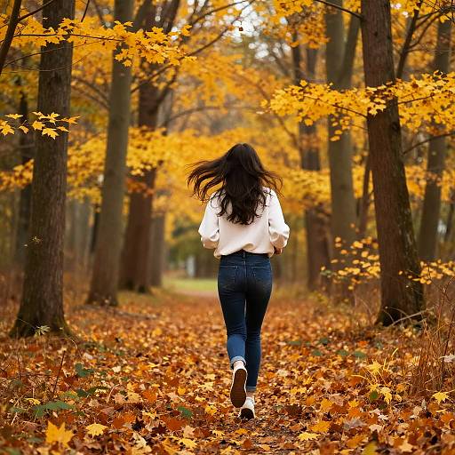 Woman Running Through Autumn Forest