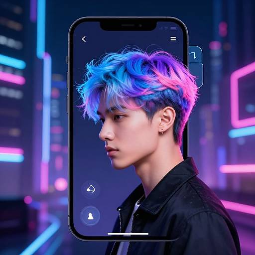 Neon-lit digital portrait of an androgynous Asian man with blue and pink highlights, black jacket, framed in a smartphone screen, futuristic