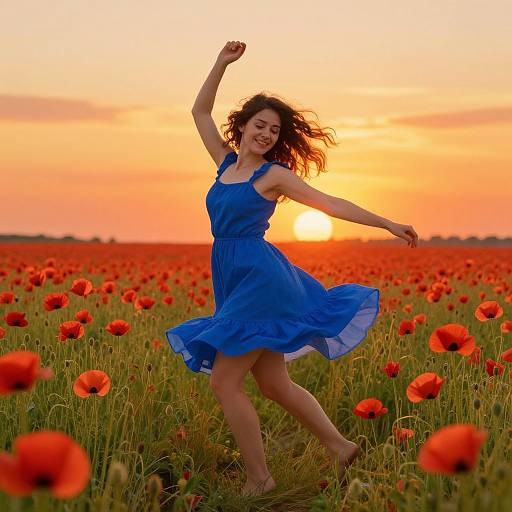 Photograph of a smiling woman with curly brown hair, wearing a blue dress, dancing joyfully in a vibrant red poppy field at sunset.
