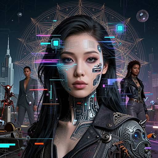 Digital artwork of an Asian woman with cybernetic facial enhancements, surrounded by glowing blue and purple lines, futuristic cityscape, and two men in suits