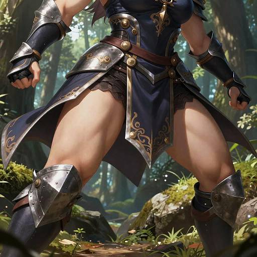 Digital fantasy artwork of a muscular, armored warrior with exposed black lace underwear, standing in a sunlit forest. Detailed armor, forest background, and dynamic