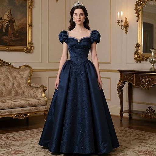Photograph of a fair-skinned woman in a dark blue, ornate, puffed-sleeve ball gown with a silver tiara, standing