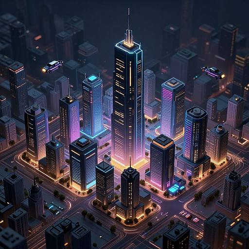 Neon-lit, futuristic cityscape photograph showcasing tall skyscrapers with glowing blue, purple, and orange lights, surrounded by illuminated streets and traffic