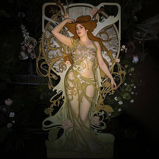 Gilded Art Nouveau illustration of a fair-skinned woman with long brown hair, ornate gold floral dress, and intricate background. She stands confidently