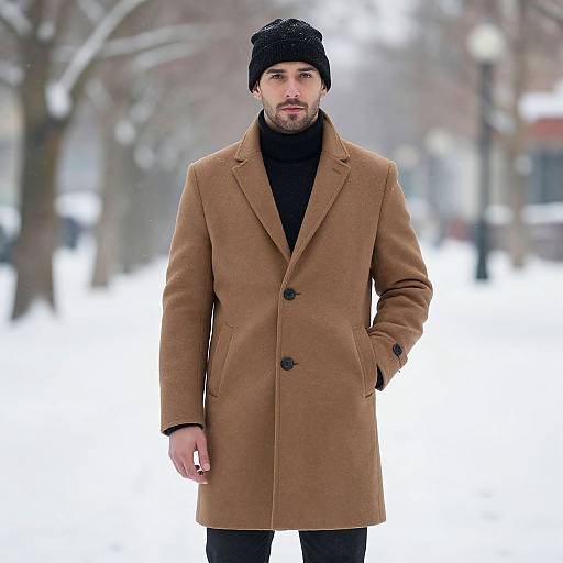 Photograph of a bearded man with fair skin, wearing a black knit hat, tan overcoat, black turtleneck, and black pants,