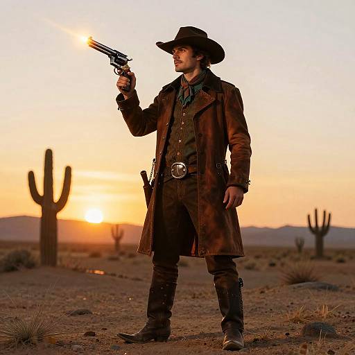 Photograph of a man in a brown cowboy coat and hat, holding a gun, standing in a desert at sunset with cacti.