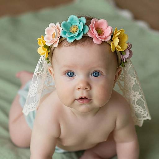 Baby with Floral Headband and Lace Veil