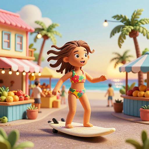 Claymation Surfer Girl in Caribbean Market