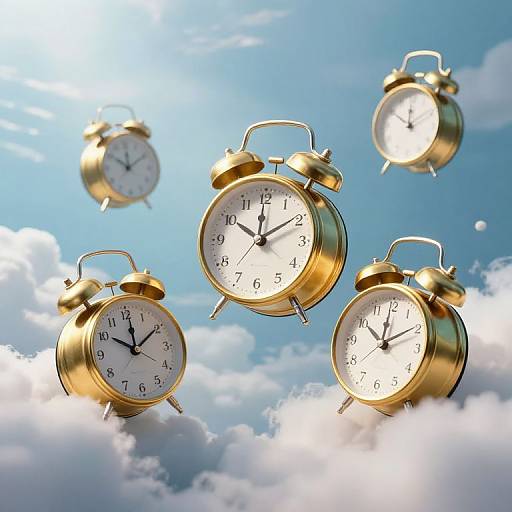 Photograph of five golden, twin-bell alarm clocks floating in a bright blue sky with fluffy white clouds. Clocks display different times, creating a