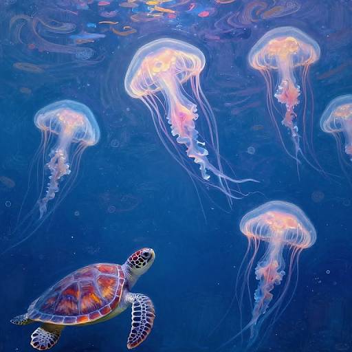 Photograph of a colorful sea turtle swimming beneath glowing, translucent jellyfish in a deep blue underwater scene.