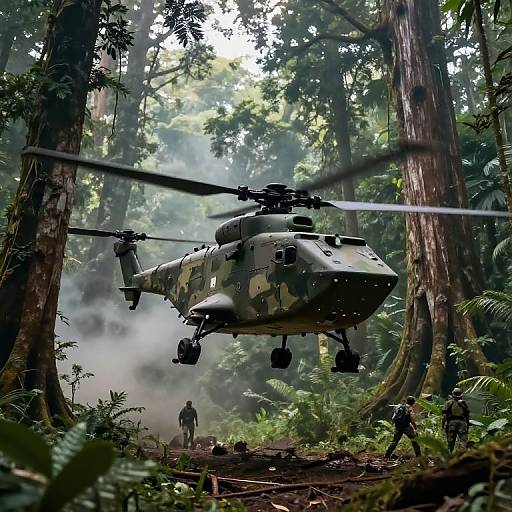 Photograph of a camouflage military helicopter hovering in a dense, misty forest, with two soldiers standing and one crouching on the ground.