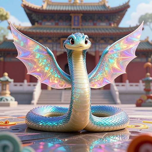 Digital art of a vibrant, iridescent snake with rainbow wings, coiled in front of a traditional Chinese temple. Bright, reflective scales, and