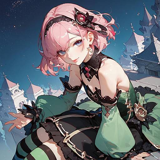 Anime Girl Sitting on Rooftop at Night