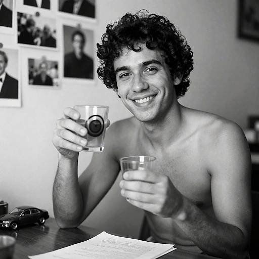 Smiling Shirtless Man Holding Glass and Cup