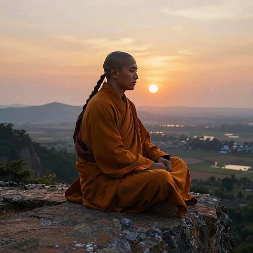 Photograph of a Buddhist monk in orange robes, with a braided haircut, meditating on a rocky cliff at sunset, overlooking a serene valley.