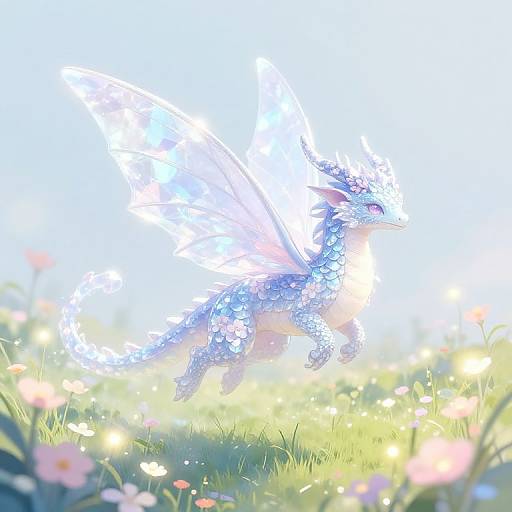 Digital art of a radiant, blue, glowing dragon with translucent wings, surrounded by a sunlit meadow with blooming flowers.