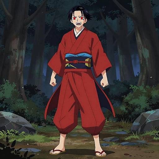 Anime-style drawing of a male character with black hair, red eyes, and a red kimono with a blue belt, standing in a dark forest at