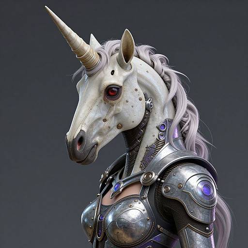 Photorealistic CGI of a unicorn-headed humanoid in metallic armor with a glowing blue chest plate, white mane, and red eyes.