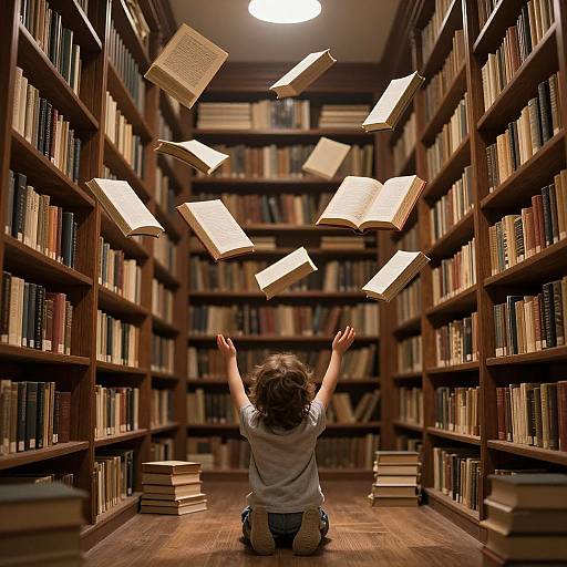 Photograph of a curly-haired child in a white shirt, kneeling in a library aisle, arms raised as books float magically above.