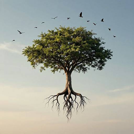 Floating tree with exposed roots, green foliage, and birds flying above, set against a clear blue sky. Digital art.