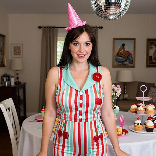 Photograph of a smiling woman with black hair, wearing a pink party hat, red and white striped dress with buttons, standing in a living room with
