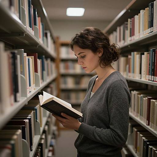 Photograph of a focused young woman with curly brown hair, wearing a gray cardigan, reading a book in a library aisle with tall, filled book
