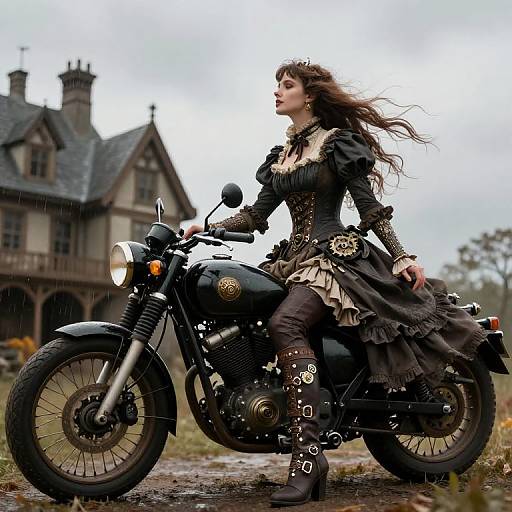 Gothic woman with flowing brown hair, black Victorian dress, and brown boots, sits on a black motorcycle in front of a rustic mansion, rainy