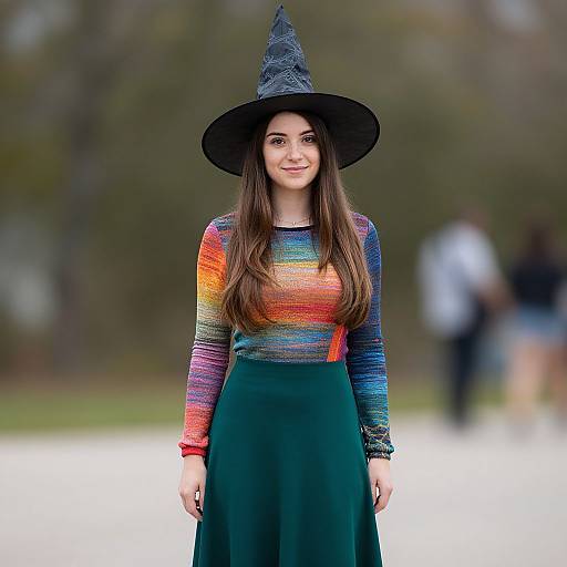 Photograph of a young woman with long brown hair, wearing a black witch hat and a colorful rainbow-striped sweater with a green skirt, standing outdoors with