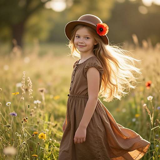 Photograph of a smiling young girl with long blonde hair in a brown dress and hat adorned with a red flower, standing in a sunlit meadow