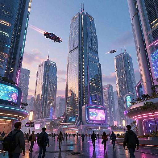 Cyberpunk cityscape at dusk with towering neon-lit skyscrapers, flying cars, bustling pedestrians, and vibrant LED billboards. Digital artwork