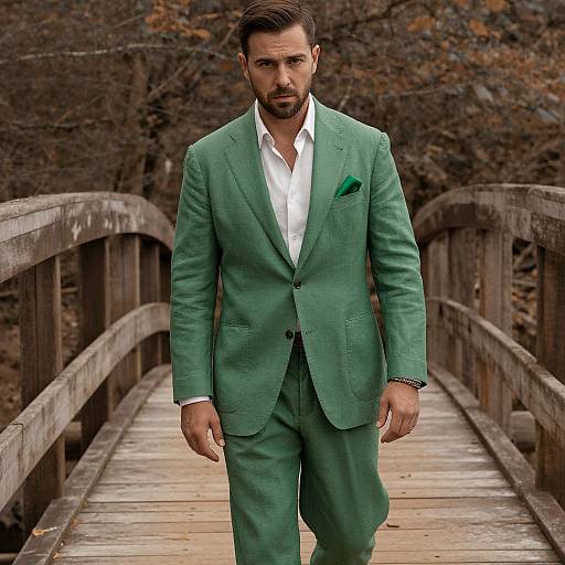 Photograph of a handsome, bearded man in a green suit, white shirt, and green pocket square, walking on a wooden bridge in a forest