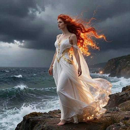 Photograph-style digital artwork of a red-haired woman with fiery hair, wearing a flowing white dress with gold accents, standing on rocky shore with waves and