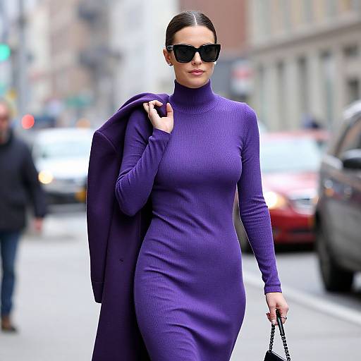 Photograph of a stylish woman in a form-fitting, long-sleeve, purple ribbed dress, black sunglasses, and coat, walking on