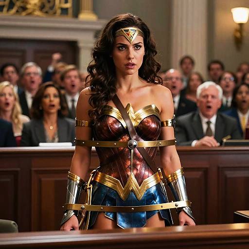Photograph of Wonder Woman standing in a courtroom, wearing her iconic gold tiara, red and gold bustier, blue skirt, and arm bracelets,