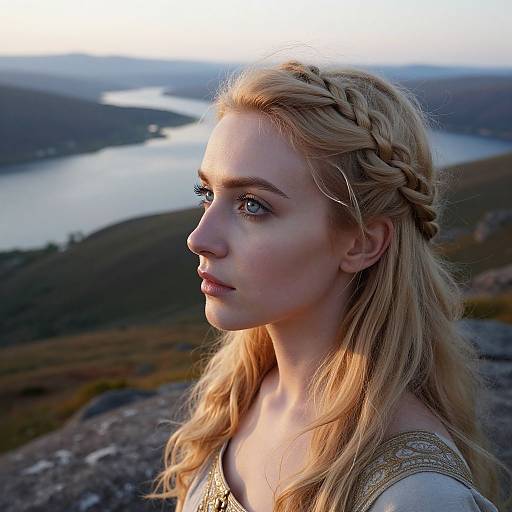 Photograph of a blonde woman with braided crown, blue eyes, and fair skin, standing in a mountainous landscape at sunset.