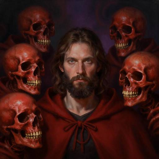 Mysterious Bearded Man with Glowing Skulls