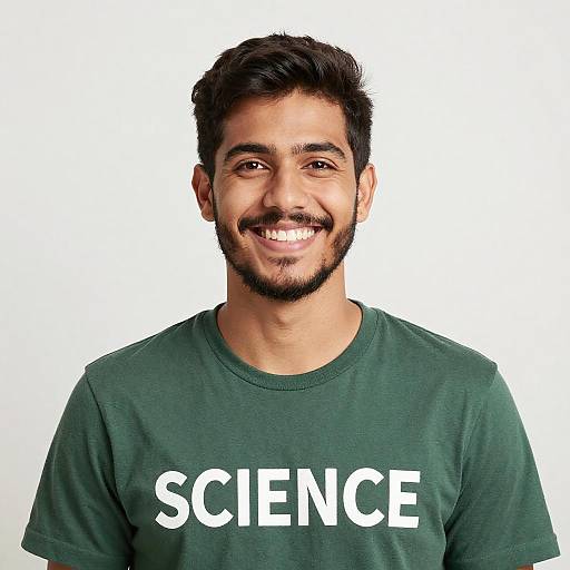 Smiling Young Man in Science Tee