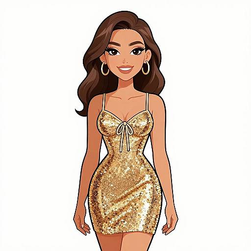 Digital illustration of a smiling woman with long brown hair, wearing a sparkling gold sequin dress, large hoop earrings, and white background.