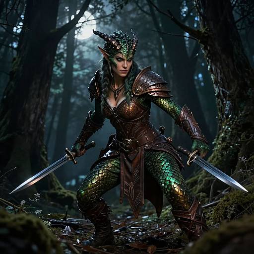 Digital fantasy artwork: Female elf warrior with green scales, dark armor, and horned helmet, crouches with dual swords in a dark, mist
